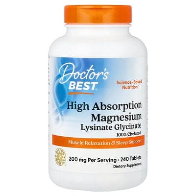 Doctor's Best, High Absorption Magnesium Lysinate Glycinate、キレート化、Albion®(アルビオン)TRAACS®(トラックス)、タブレット240粒(1粒あたり100mg)