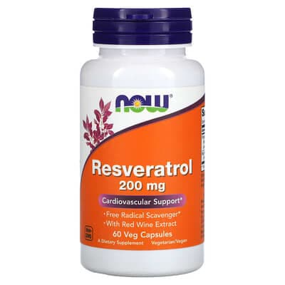 NOW Foods, 天然レスベラトロール、200mg、植物性カプセル60錠